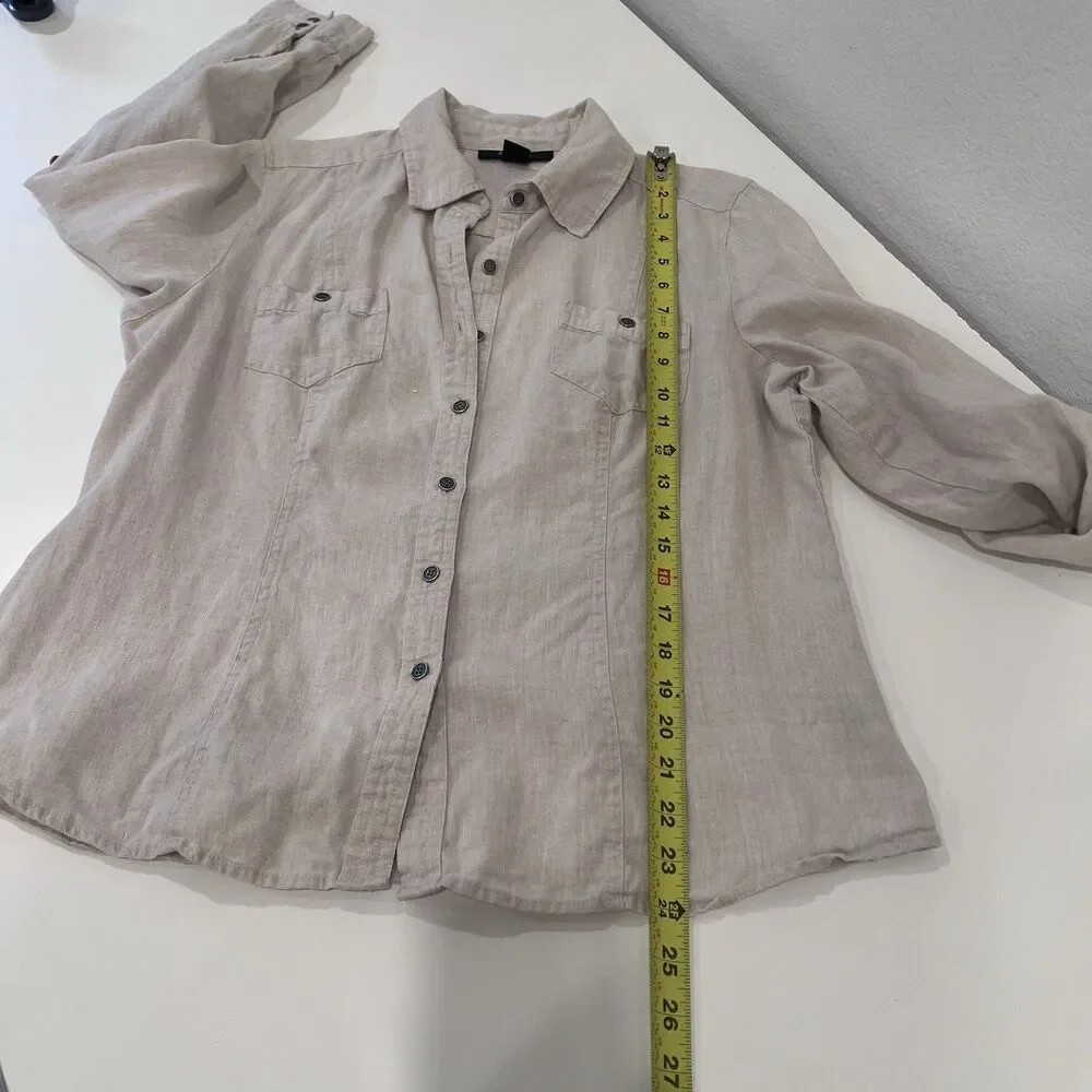 Women’s Linen Tan Button Up Shirt Tab Sleeve Size 12 Resort Vacation Coastal - Picture 7 of 7